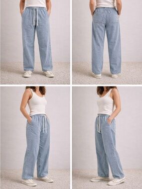 GAP Denim Striped Pants Size M High Rise Wide Leg Drawstring Blue White